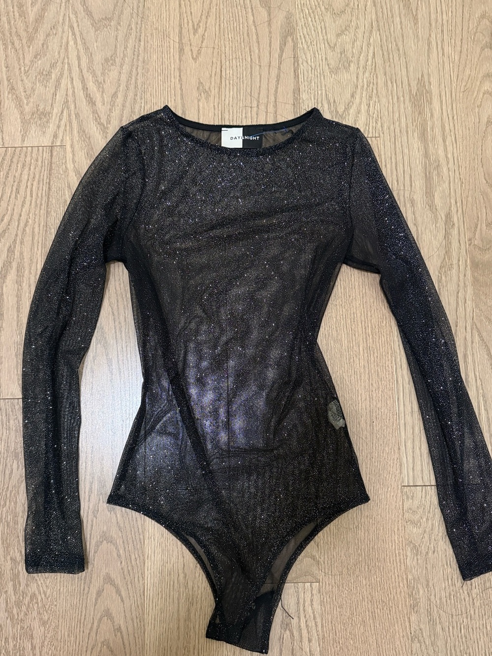Sheer sparkle long sleeve black bodysuit